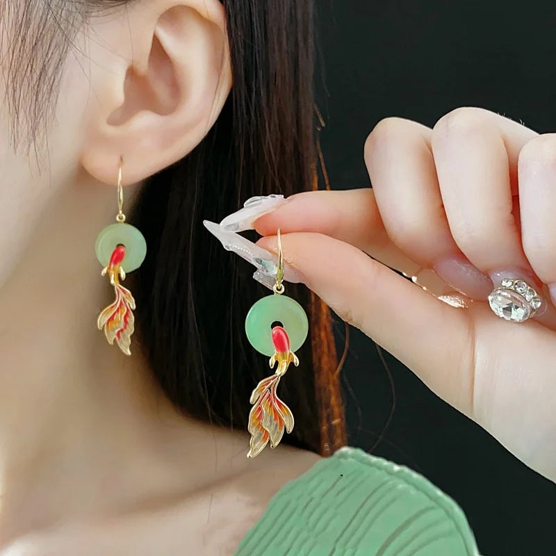 Auspicious Coin and Goldfish Drop Earrings