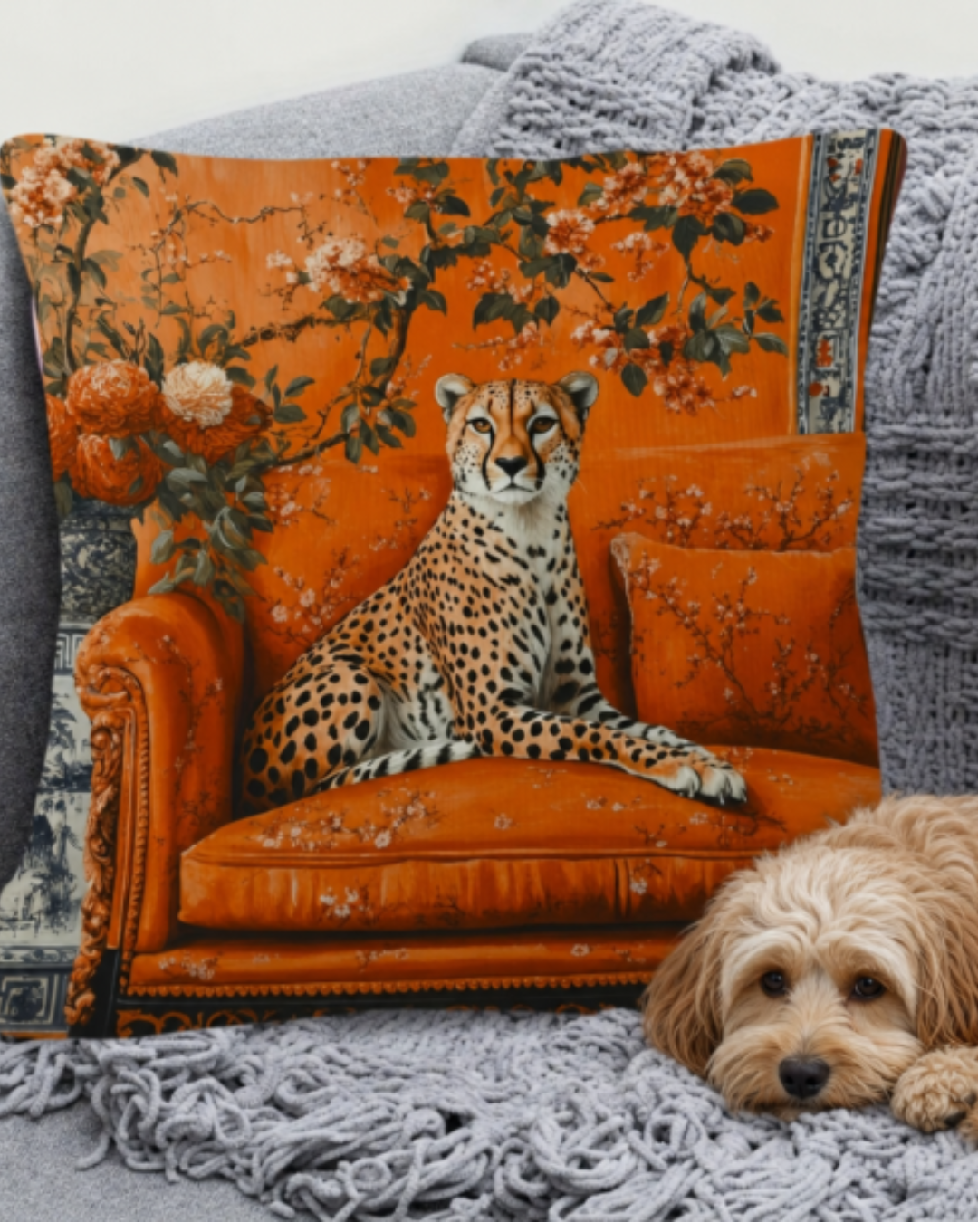 Cheetah Orange Chinoiserie Cushion Cover