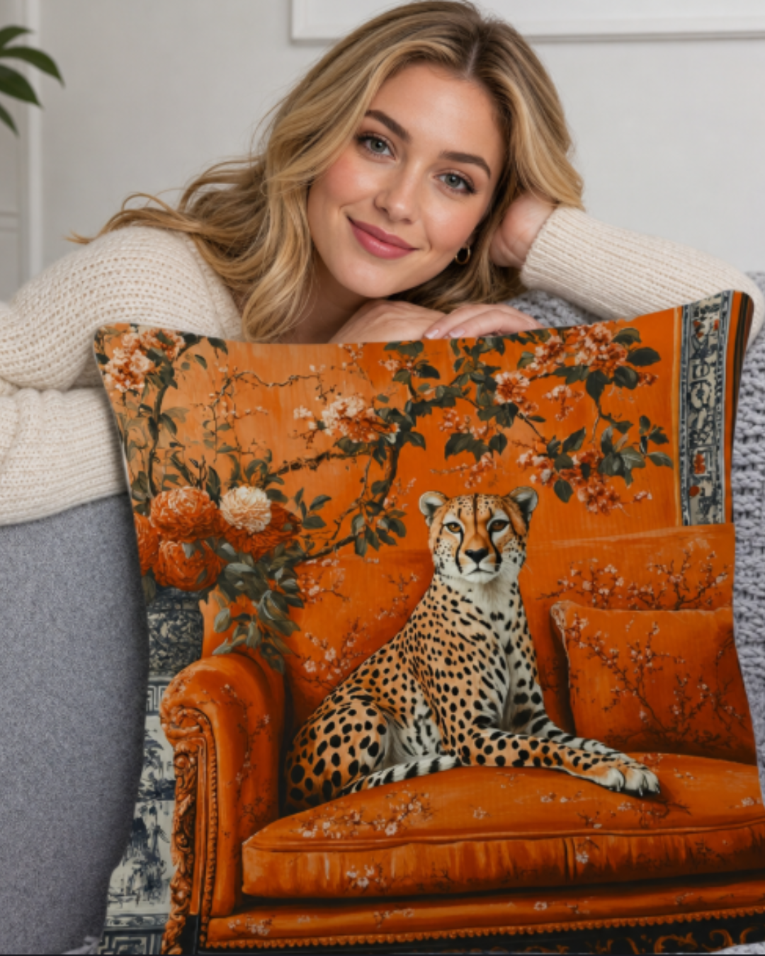 Cheetah Orange Chinoiserie Cushion Cover