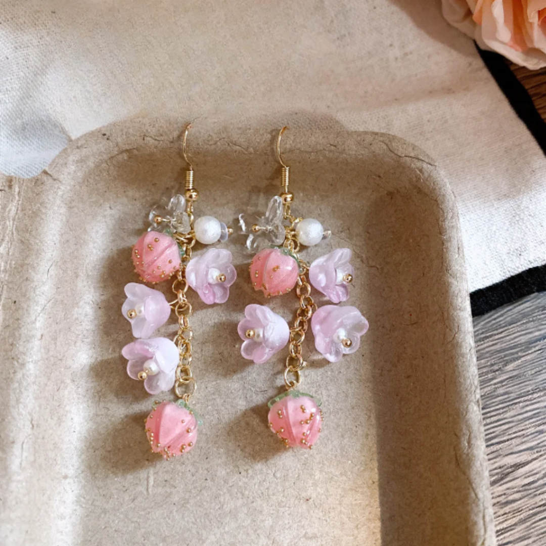 Pink Strawberry Bobo Tassel Earrings