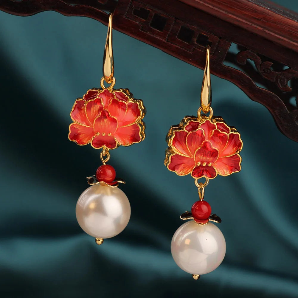 Vintage Fire Rose Drop Earrings