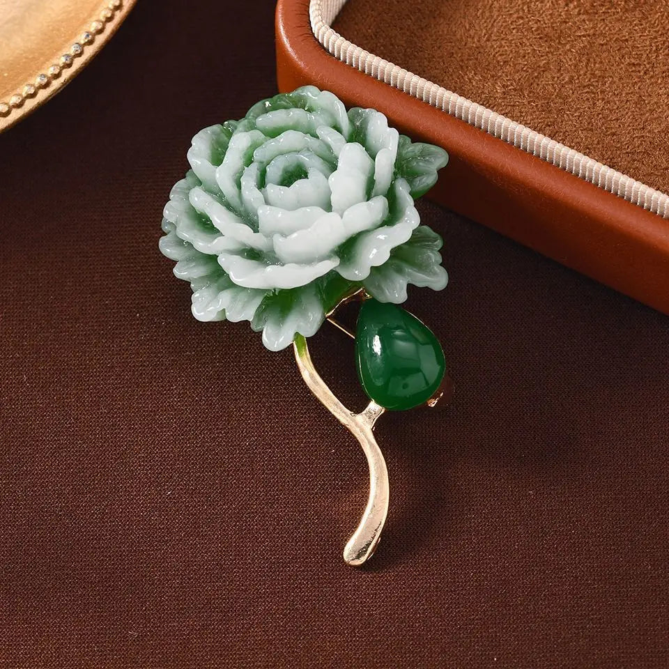 Jade Green Peony Brooch
