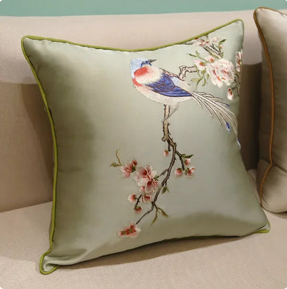 Oriental Embroidered Lark Cushion Cover