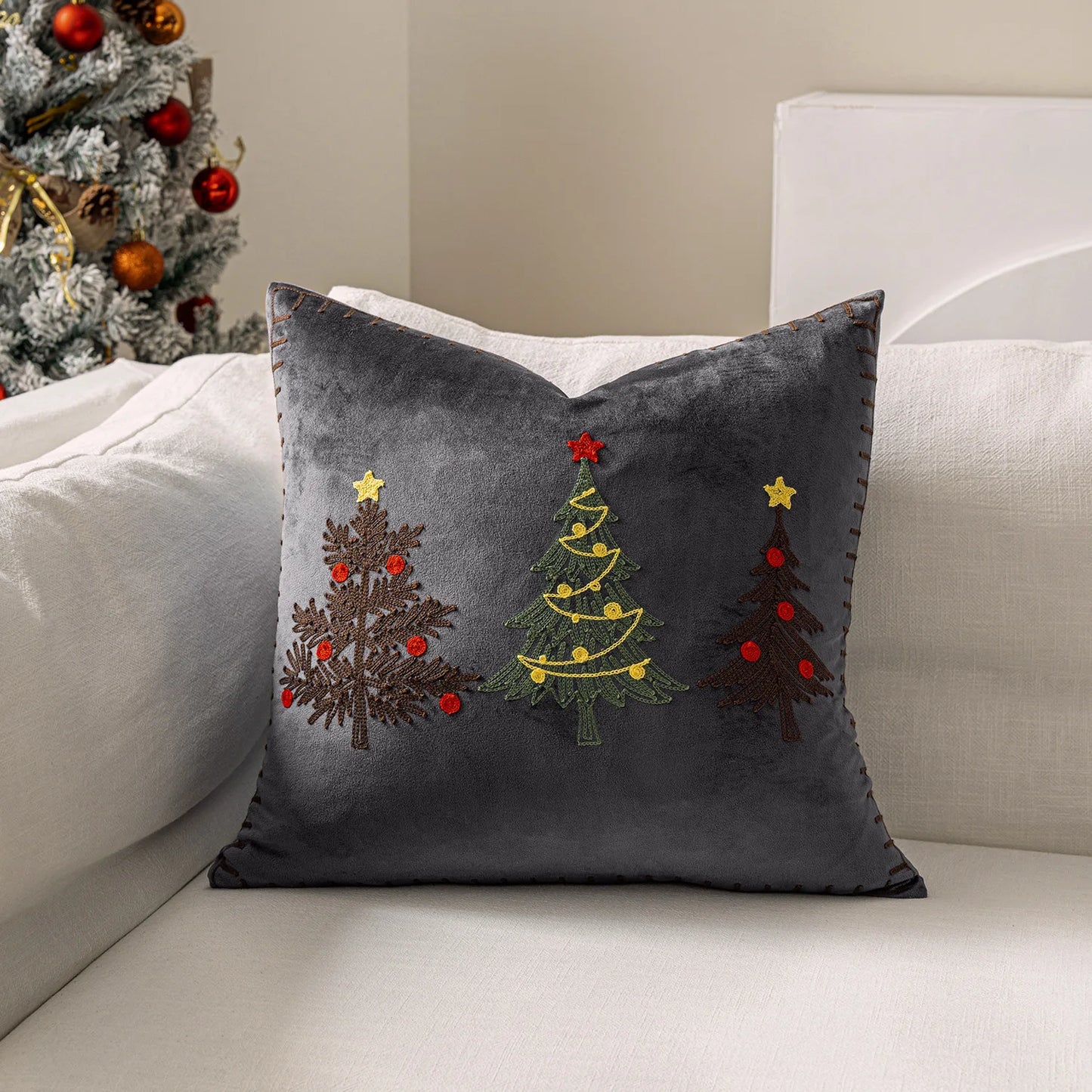 Christmas Tree Embroidered Cushion Cover