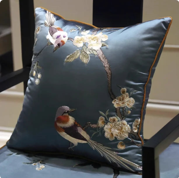 Oriental Embroidered Lark Cushion Cover