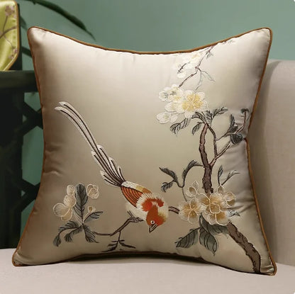 Oriental Embroidered Lark Cushion Cover