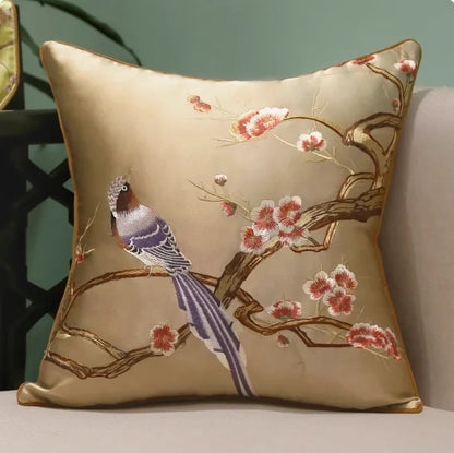 Oriental Embroidered Lark Cushion Cover