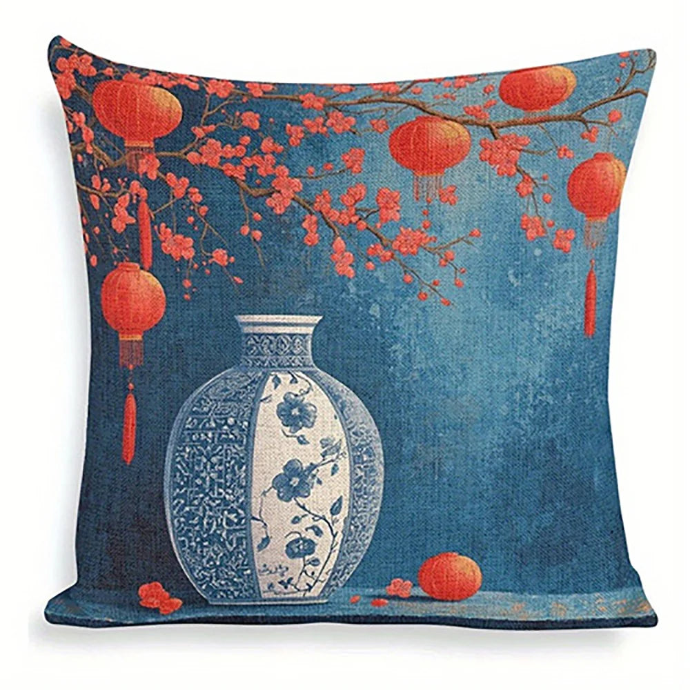 Cushion Cover - Chinese Vase Cherry Blossom Water Color Print
