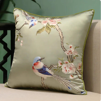 Oriental Embroidered Lark Cushion Cover