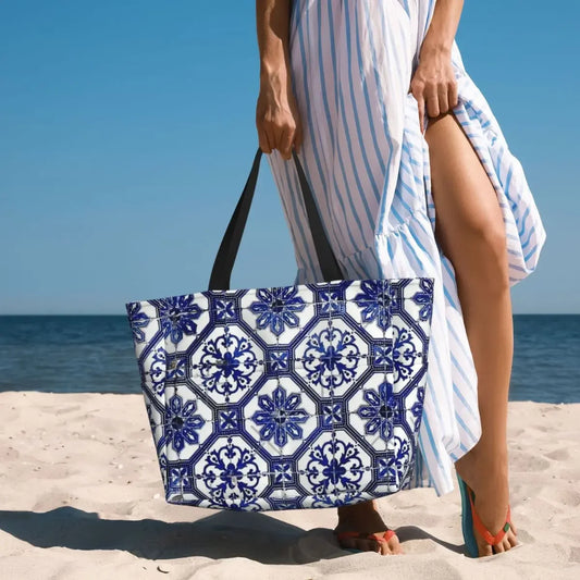 Blue White Portuguese Big Beach Bag