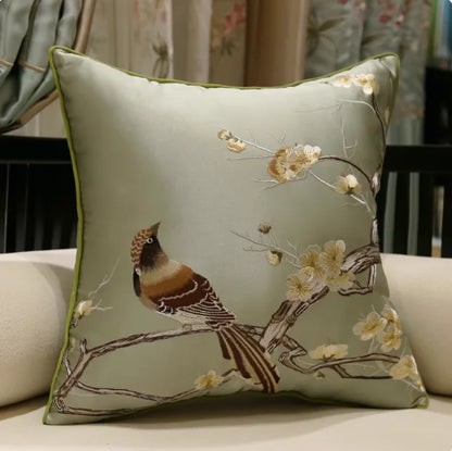 Oriental Embroidered Lark Cushion Cover