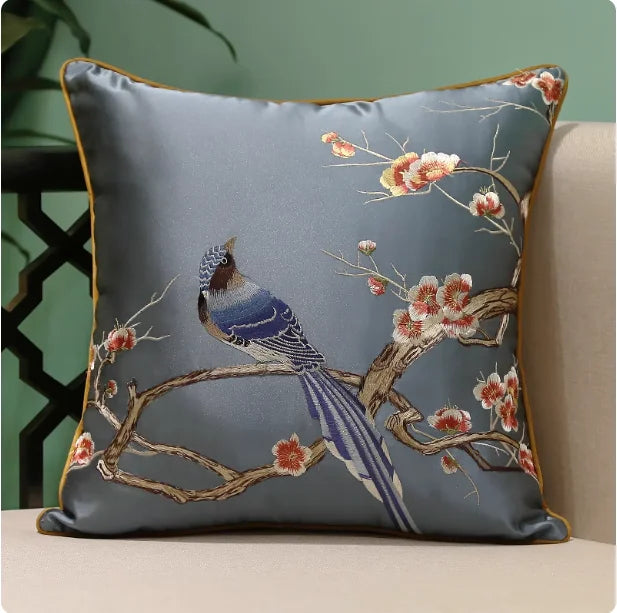 Oriental Embroidered Lark Cushion Cover