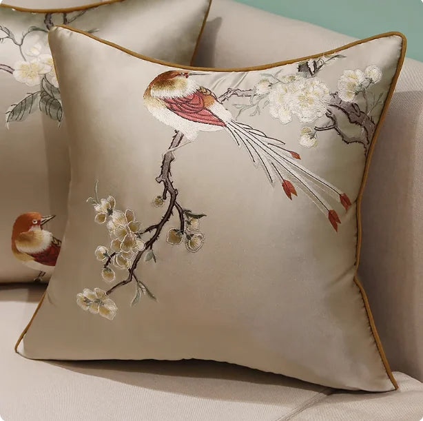 Oriental Embroidered Lark Cushion Cover