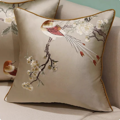 Oriental Embroidered Lark Cushion Cover