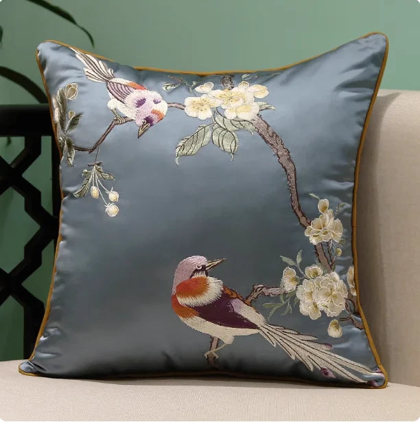 Oriental Embroidered Lark Cushion Cover