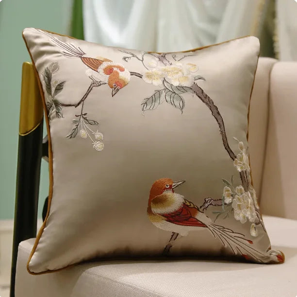 Oriental Embroidered Lark Cushion Cover