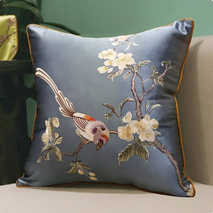 Oriental Embroidered Lark Cushion Cover