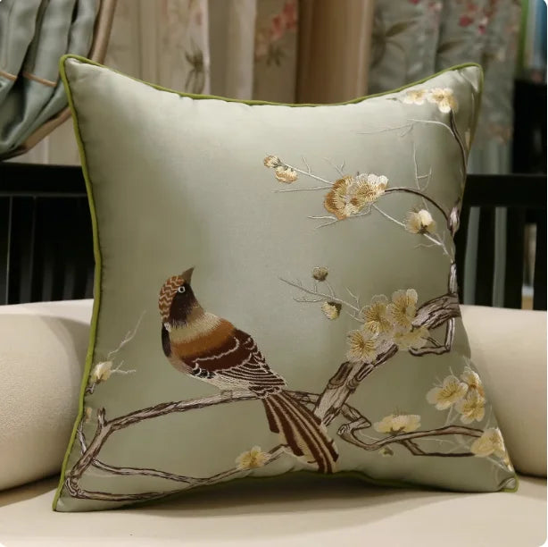 Oriental Embroidered Lark Cushion Cover