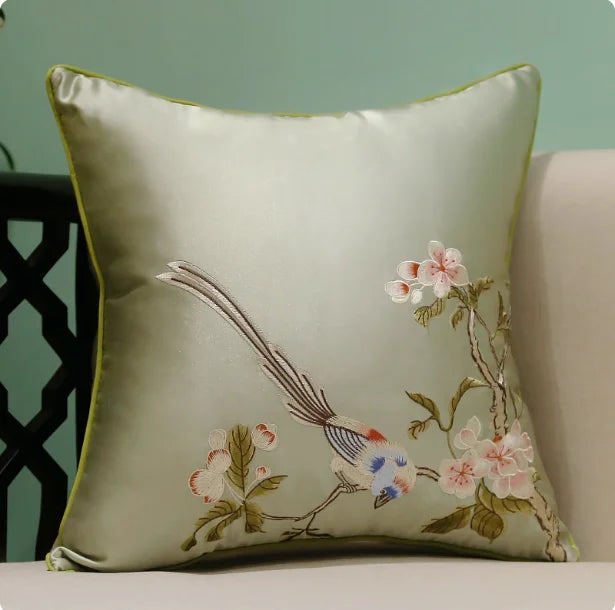 Oriental Embroidered Lark Cushion Cover