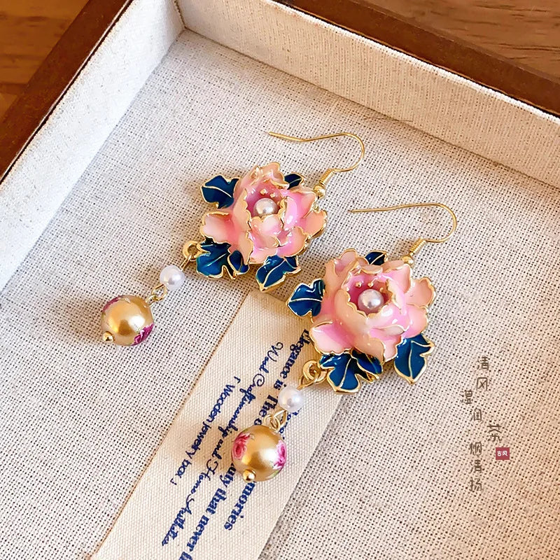 Oriental Princess Peony Tassel Earrings