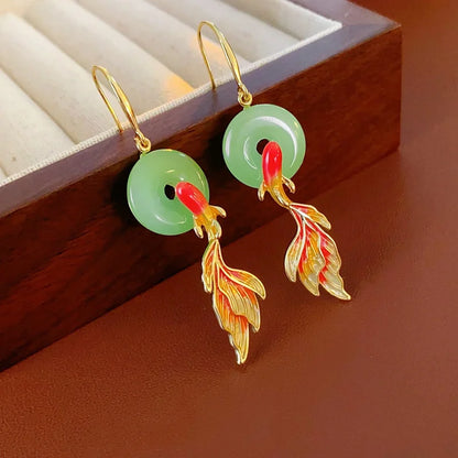 Auspicious Coin and Goldfish Drop Earrings