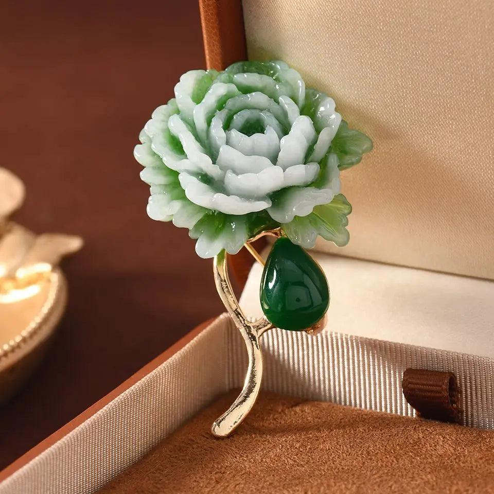 Jade Green Peony Brooch