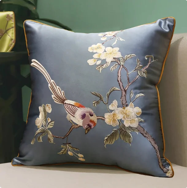 Oriental Embroidered Lark Cushion Cover