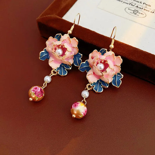 Oriental Princess Peony Tassel Earrings