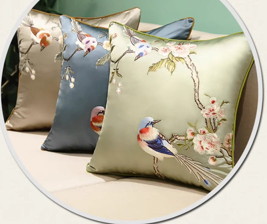 Oriental Embroidered Lark Cushion Cover