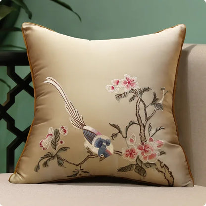 Oriental Embroidered Lark Cushion Cover