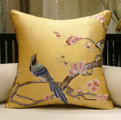 Oriental Embroidered Lark Cushion Cover
