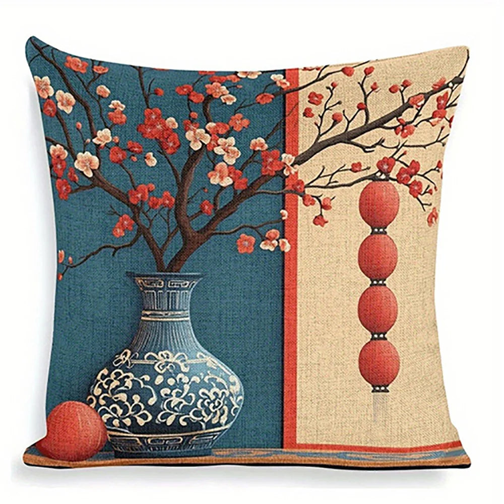Cushion Cover - Chinese Vase Cherry Blossom Water Color Print