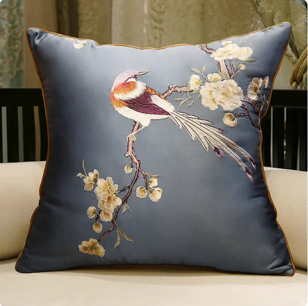 Oriental Embroidered Lark Cushion Cover