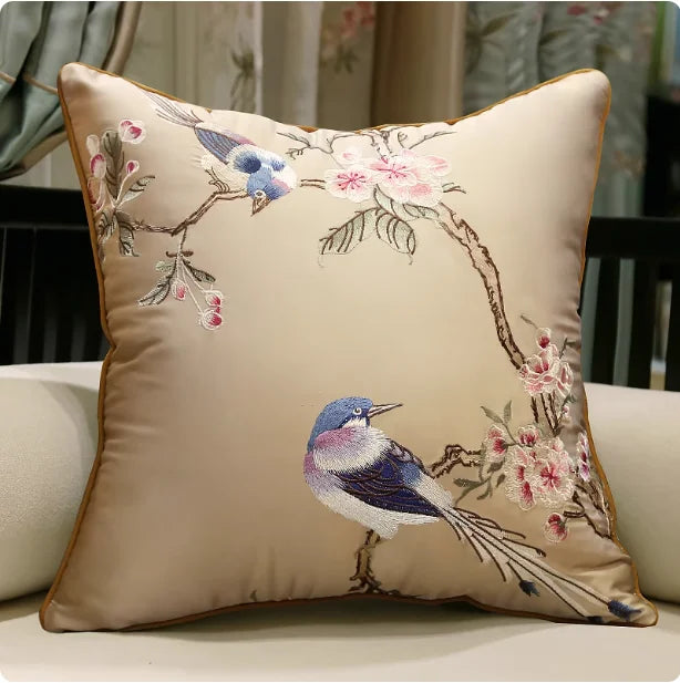 Oriental Embroidered Lark Cushion Cover