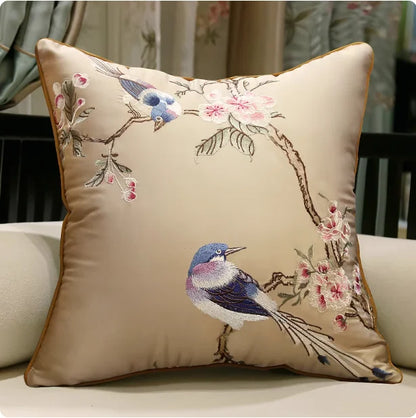 Oriental Embroidered Lark Cushion Cover