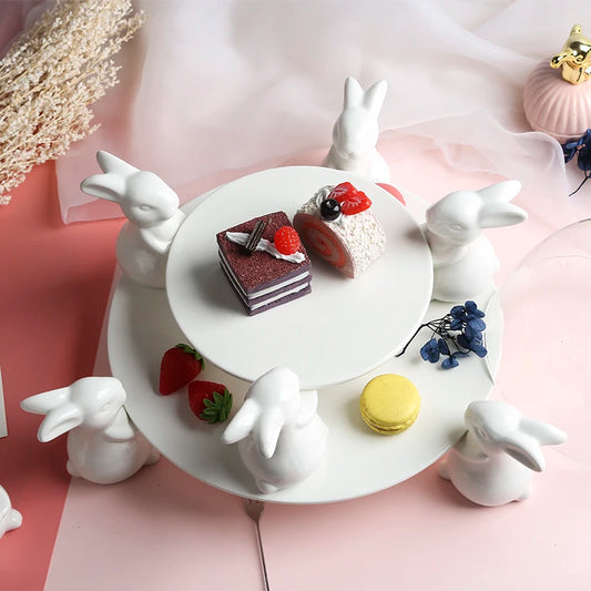 White Ceramic Rabbit Family Cake Stand