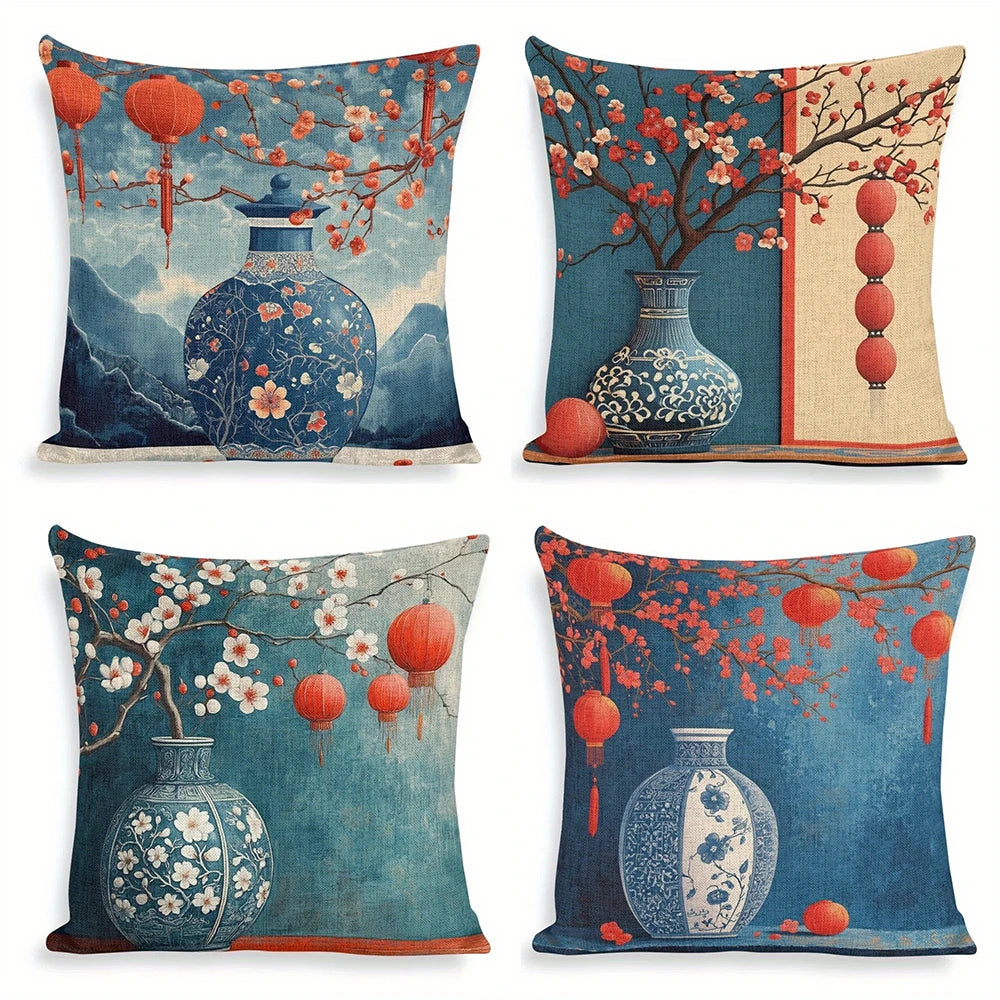 Cushion Cover - Chinese Vase Cherry Blossom Water Color Print