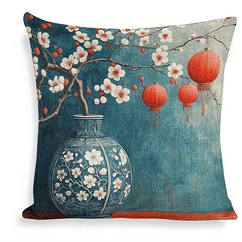Cushion Cover - Chinese Vase Cherry Blossom Water Color Print